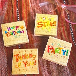 SARAH BEISE four pack of stamps PARTY, THINKING OF YOU, STAR & HAPPY BIRTHDAY